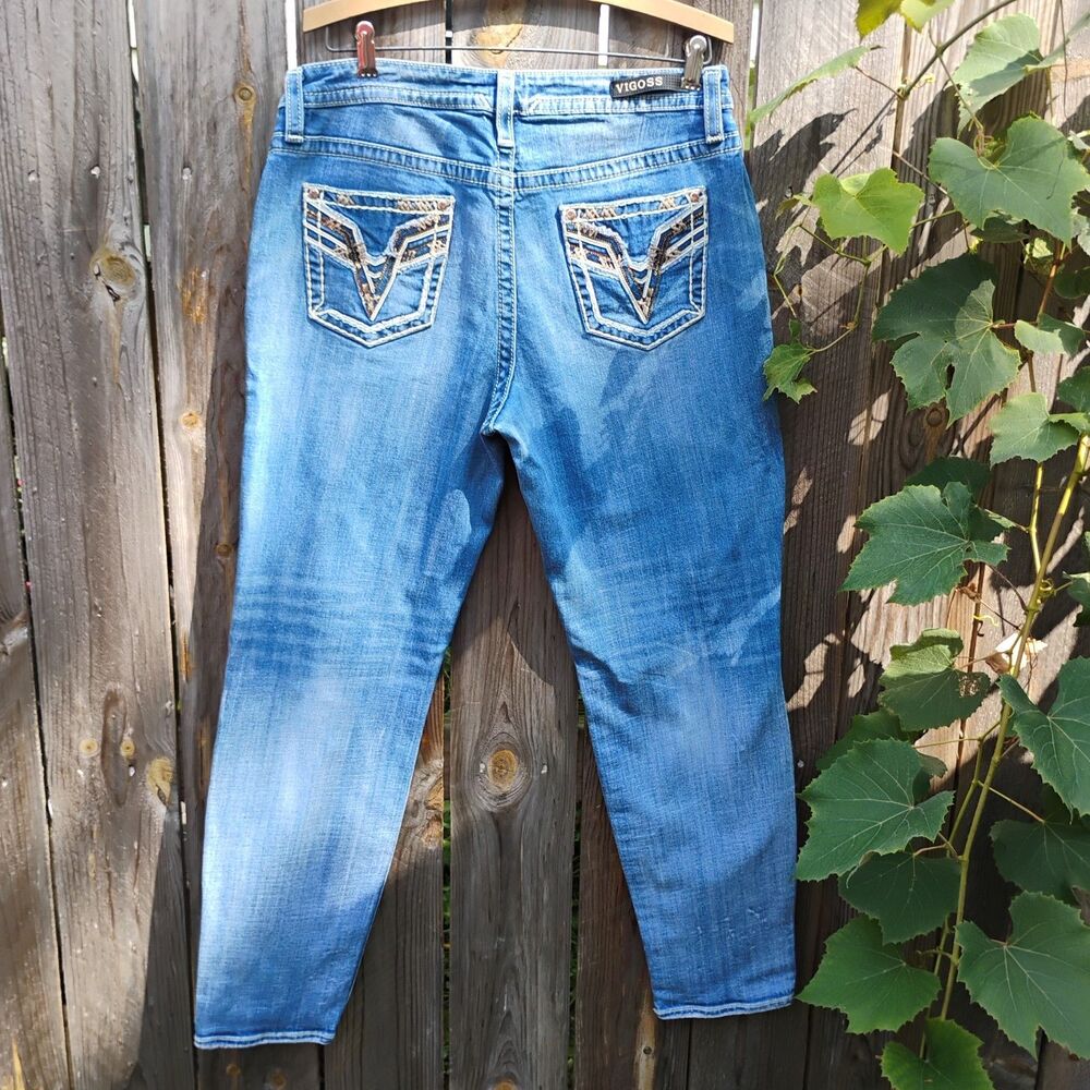 Vigoss Heritage Fit Tomboy Relaxed Tapered Jeans Distressed Embellished Size 12